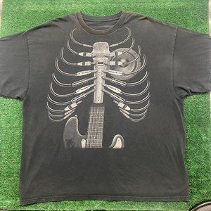 Vintage Y2K Metal Skeleton Rib Cage T-Shirt Grunge Punk Rock Sun Faded Black XXL